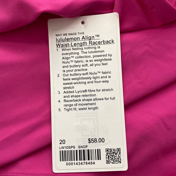 Lululemon Align Waist-Length Racerback, Sonic Pink, Size 20 - Picture 3 of 5